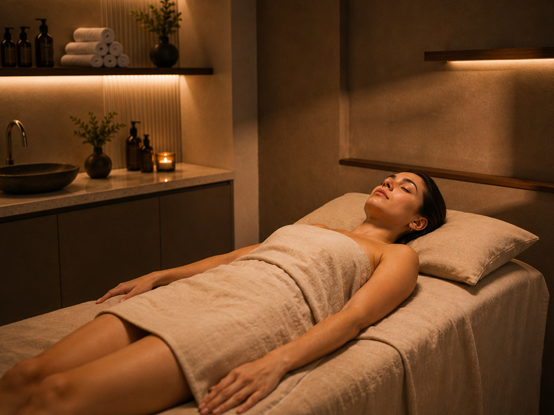Paciente recostada en camilla durante un tratamiento facial en LUMA Panamá